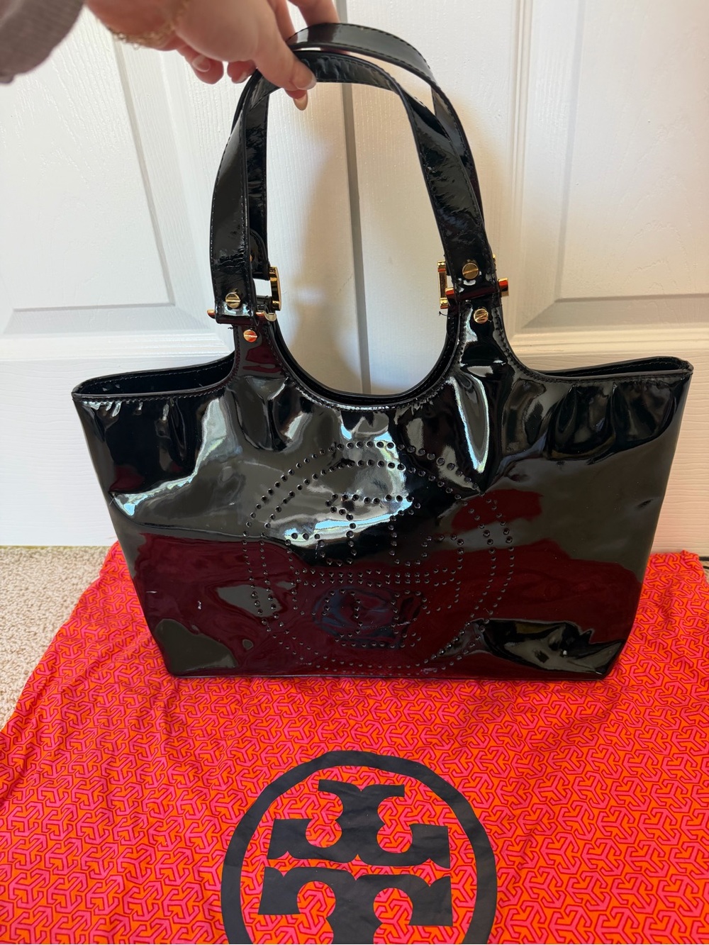 Tory Burch Black Patent Leather Perforated Logo Tote Bag W/ Dust Bag